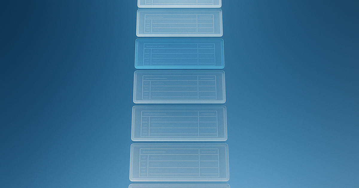 Pilha vertical de painéis translúcidos representando registros de comissões, emergindo de uma névoa densa em tons de azul