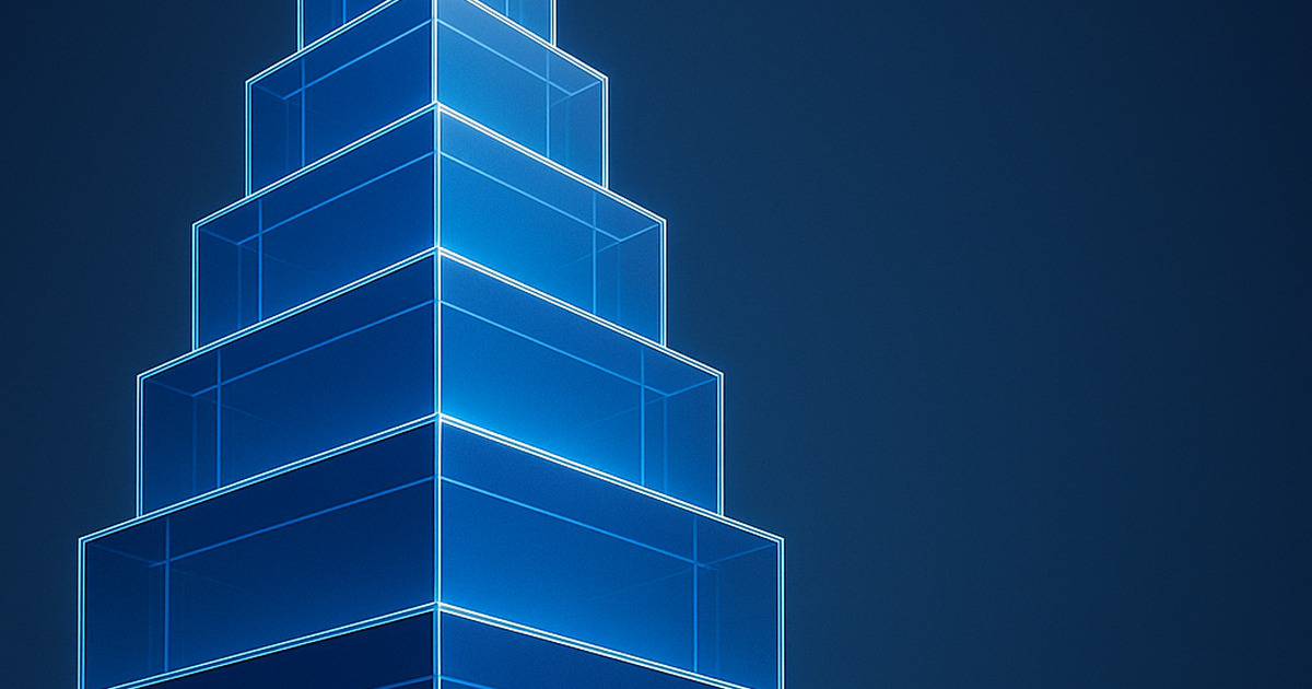 Modelo arquitetônico de uma torre modular ascendente, com camadas geométricas em azul marinho e azul corporativo, simbolizando hierarquia