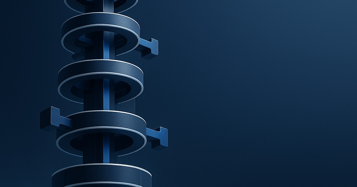 Uma torre monumental vertical formada por segmentos interligados de pipeline de CRM e nós de automação, com anéis geométricos empilhados em hierarquia, envolta 
