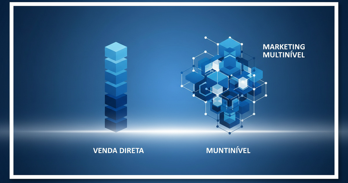 Abstrações geométricas em camadas formam uma rede organizada, predominantemente em azul profundo e branco, simbolizando estruturas comerciais