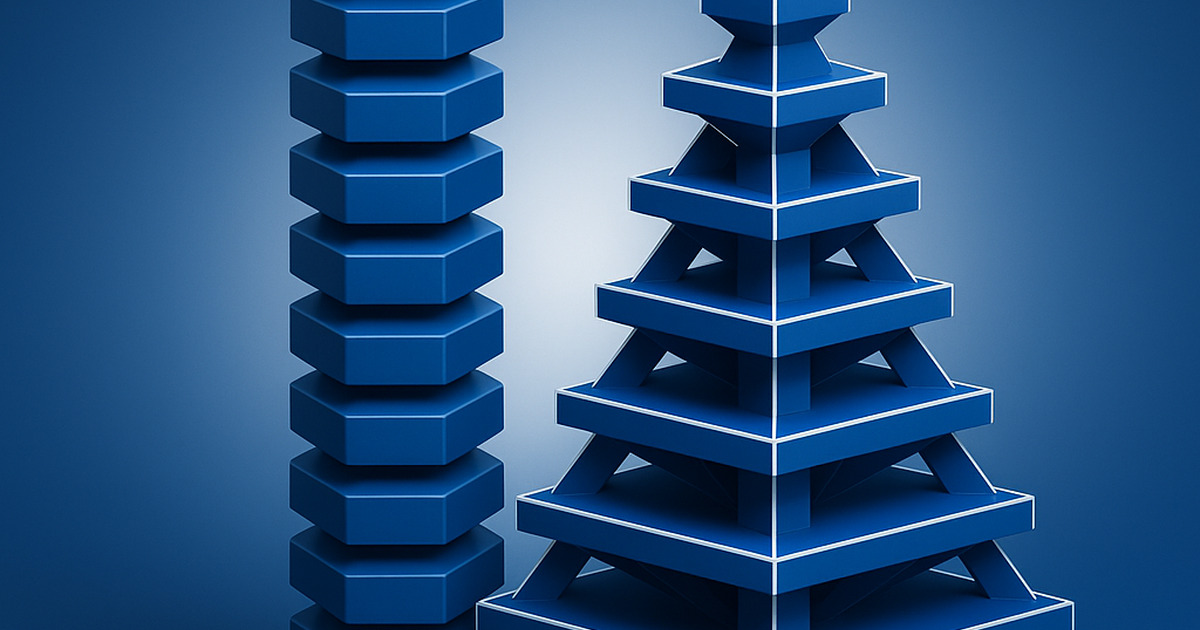 Duas torres abstratas e geométricas se destacam, uma vertical e outra em pirâmide, em azul profundo e branco, com grande simetria