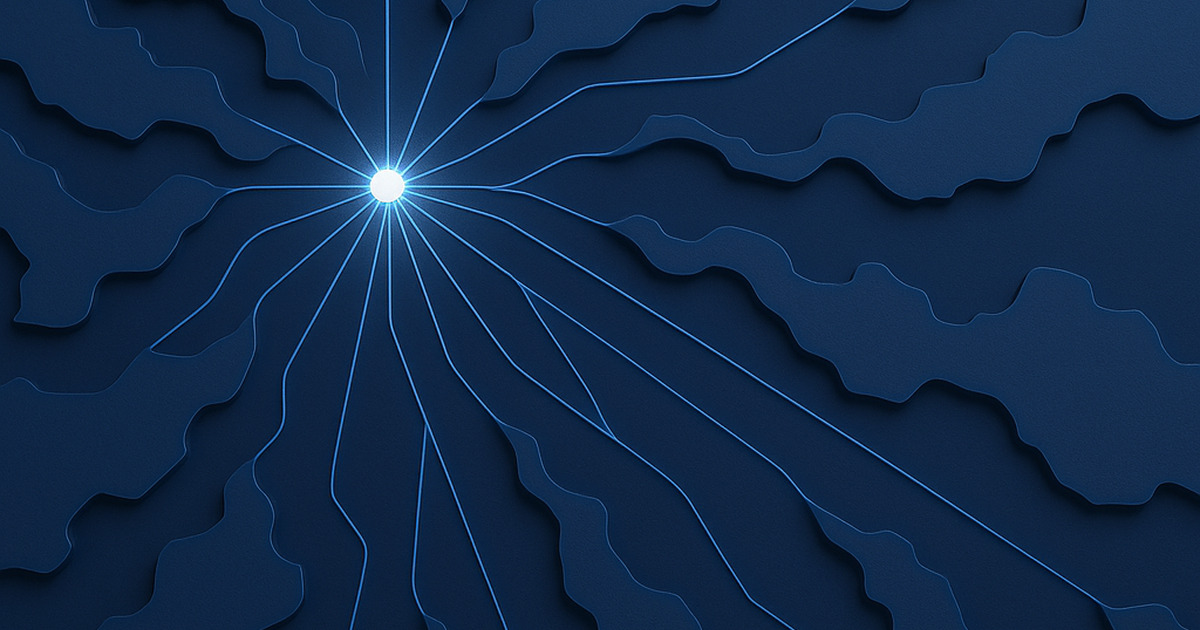 Uma rede complexa de rotas de envio interconectadas em camadas, com contornos de terra em azul profundo e linhas luminosas em azul corporativo