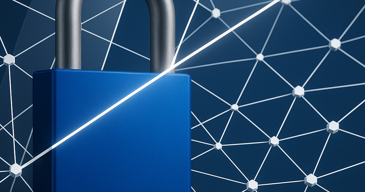 Um cadeado tridimensional azul profundo com um detalhe de linha diagonal quebrando o arco, simbolizando a interceptação de fraudes em e-commerce