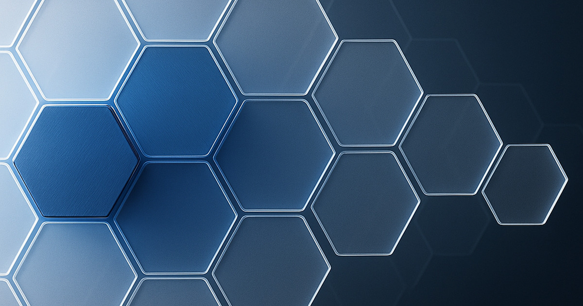 Arranjo simétrico de hexágonos transparentes representando mercados nacionais, com tonalidades de azul profundo a quase branco