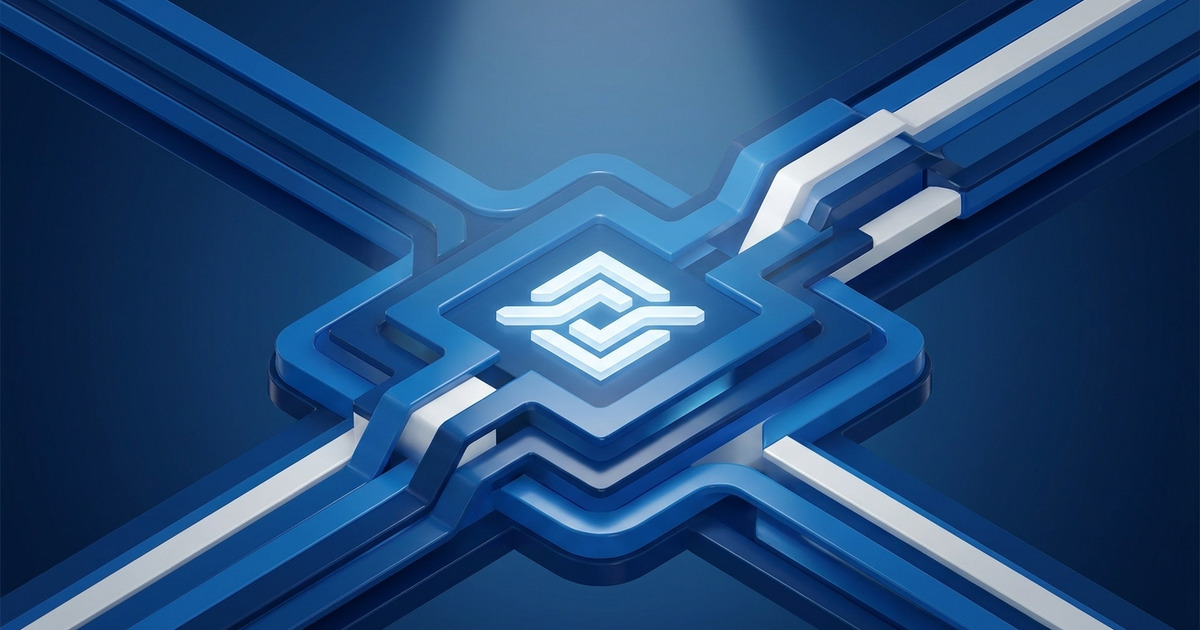 Abstrações geométricas em camadas formando uma rede comercial em tons de azul profundo e corporativo, simbolizando estrutura e fluidez