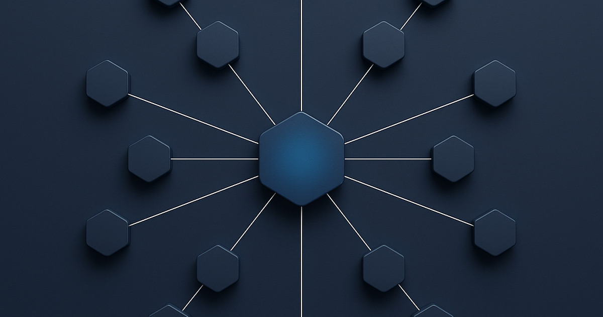 Rede hexagonal de nós 3D em tons de azul, com um núcleo brilhante irradiando conexões finas em um fundo navy