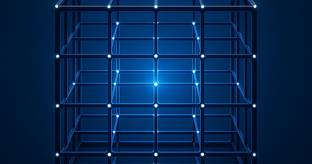 Cubo tridimensional simétrico em azul marinho com estruturas internas iluminadas em azul corporativo e nós brancos representando camadas operacionais